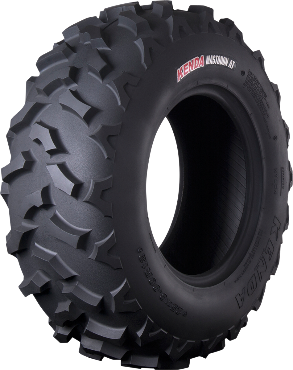 Kenda Mastodon AT K3203 front UTV tire 25x8R12 with 8 ply sidewalls, showing tread pattern and sidewall details.