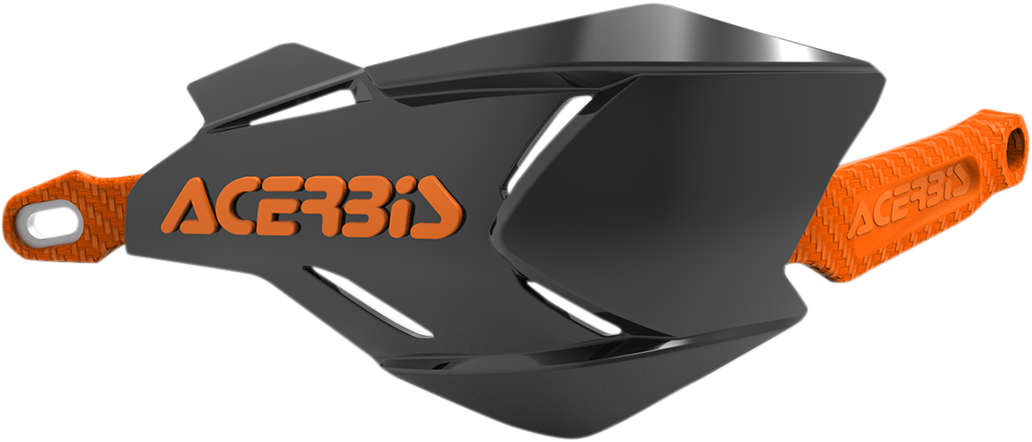A pair of ACERBIS X-Factory black and orange motorcycle handguards with mounting hardware on a plain background.