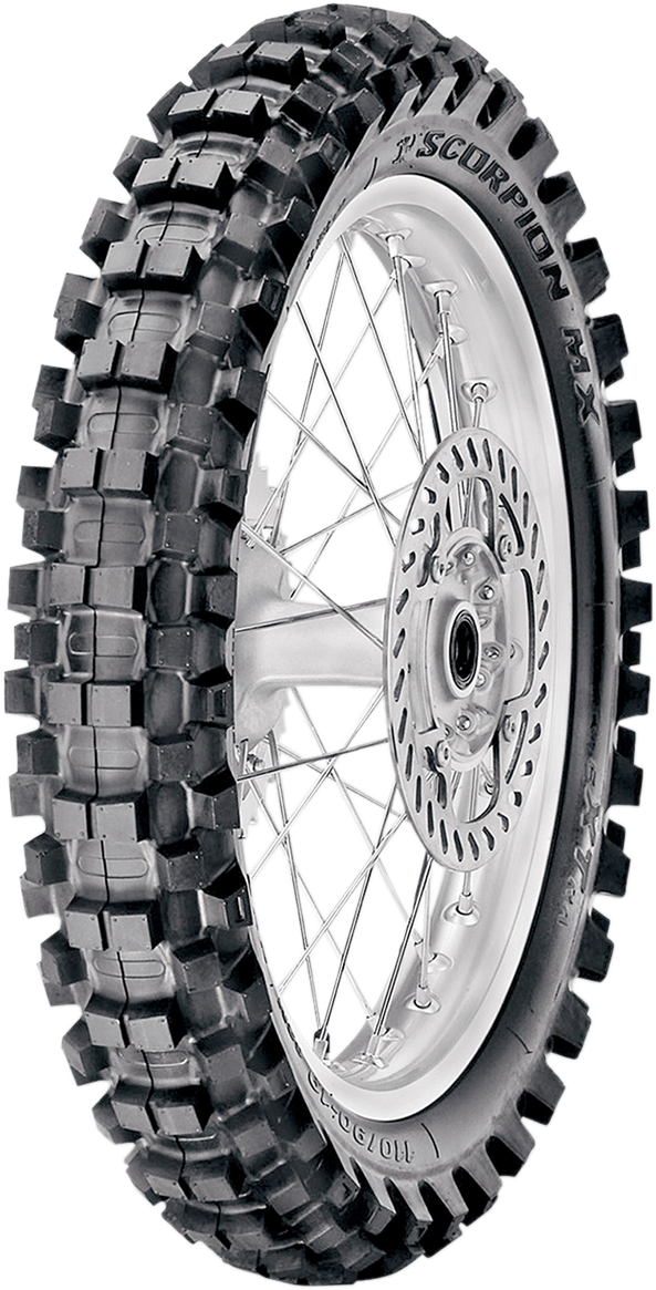 PIRELLI Scorpion MXeXTRA-X front tire 80/100-21 for off-road and motocross bikes, showing tread pattern and sidewall details.
