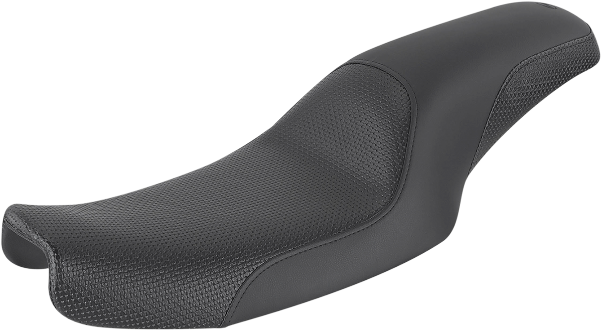 Black Saddlemens Profiler Basket-weave Seat for Dyna motorcycles, showcasing textured leather seat with detailed stitching.