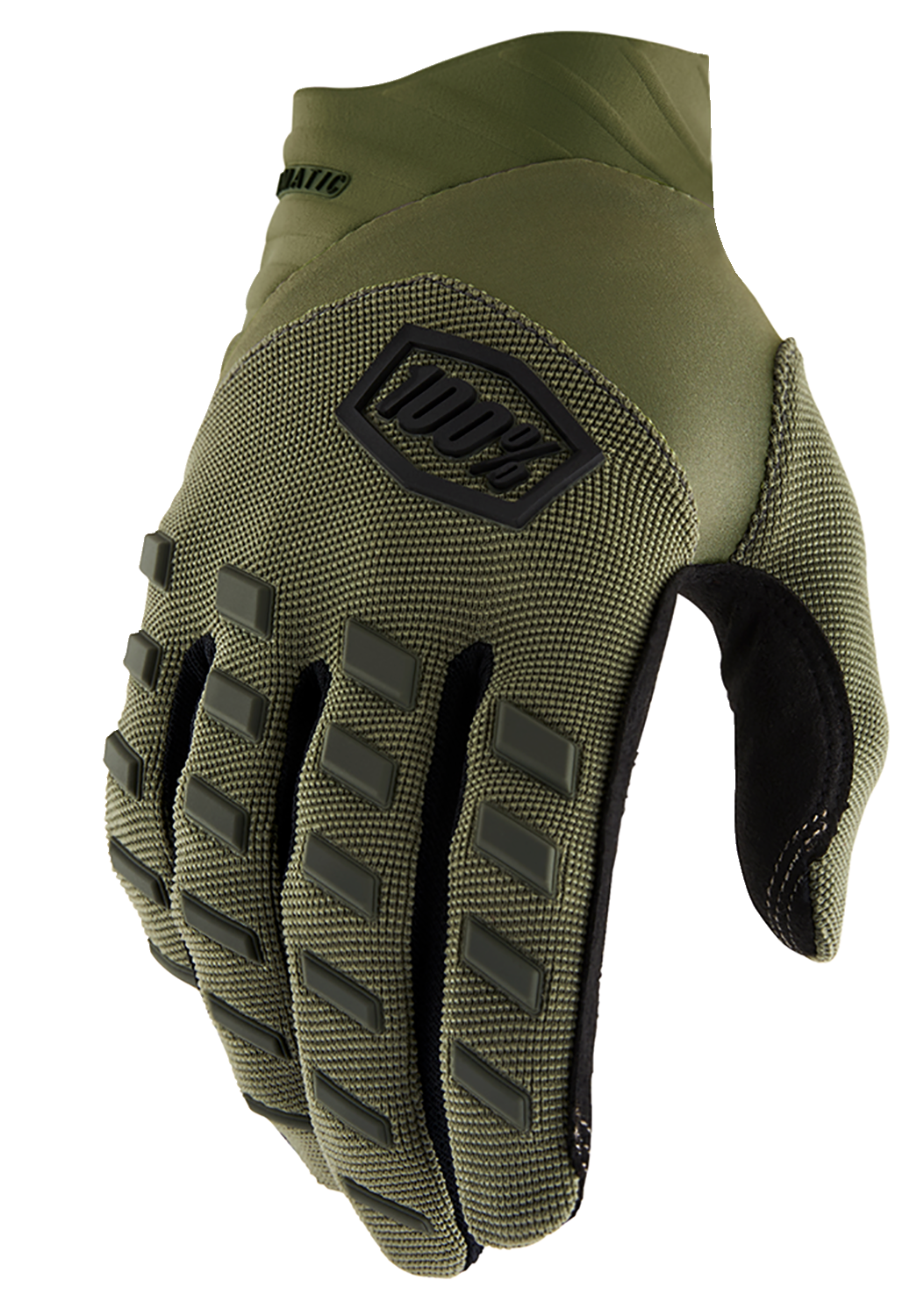 Green Bill's Exhausts 100% Airmatic Gloves in medium size, showing the lightweight, breathable fabric and secure fit design.