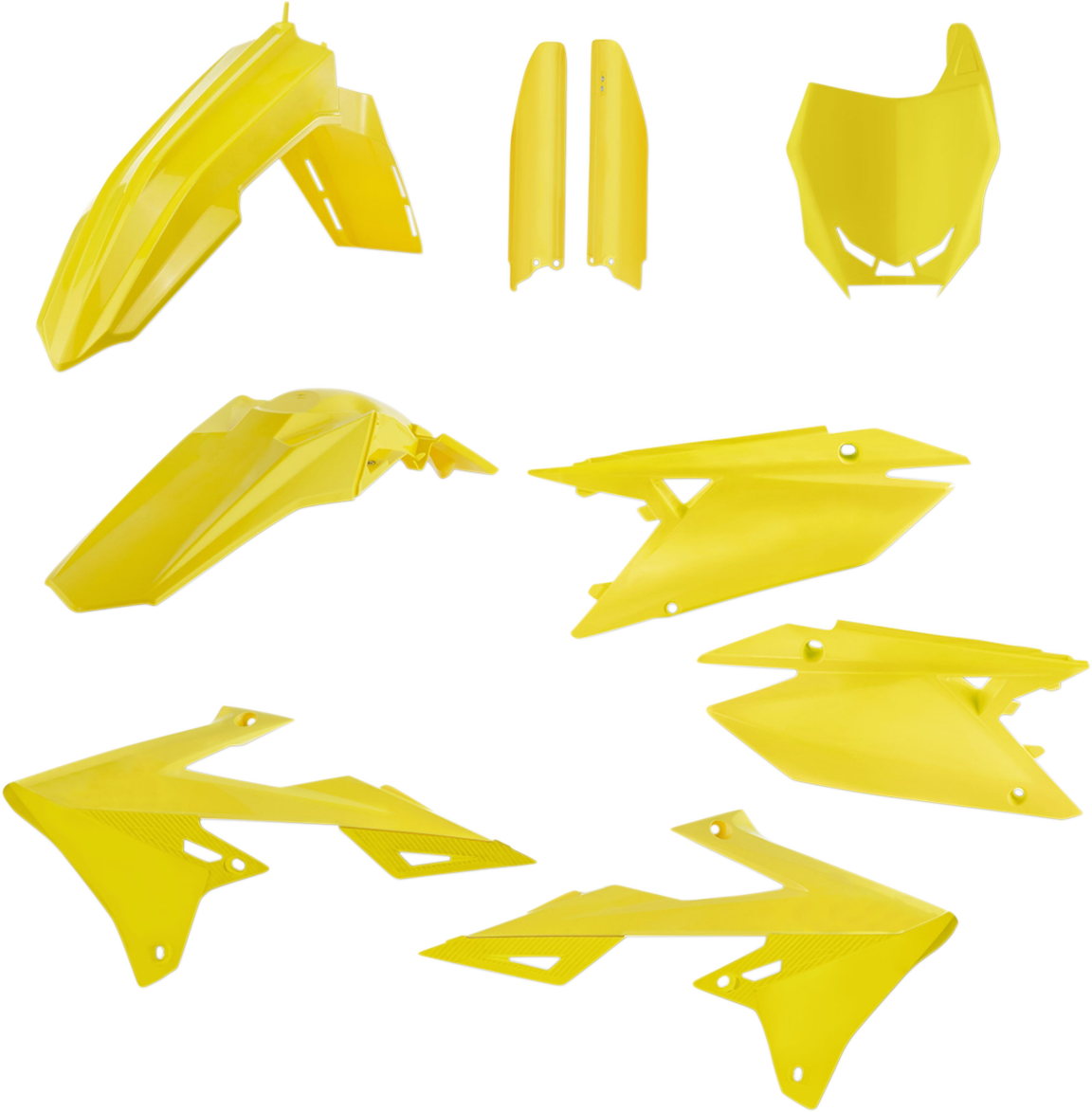 A yellow Acerbis full replacement body kit for motorcycles, featuring sleek and custom-fit body panels.