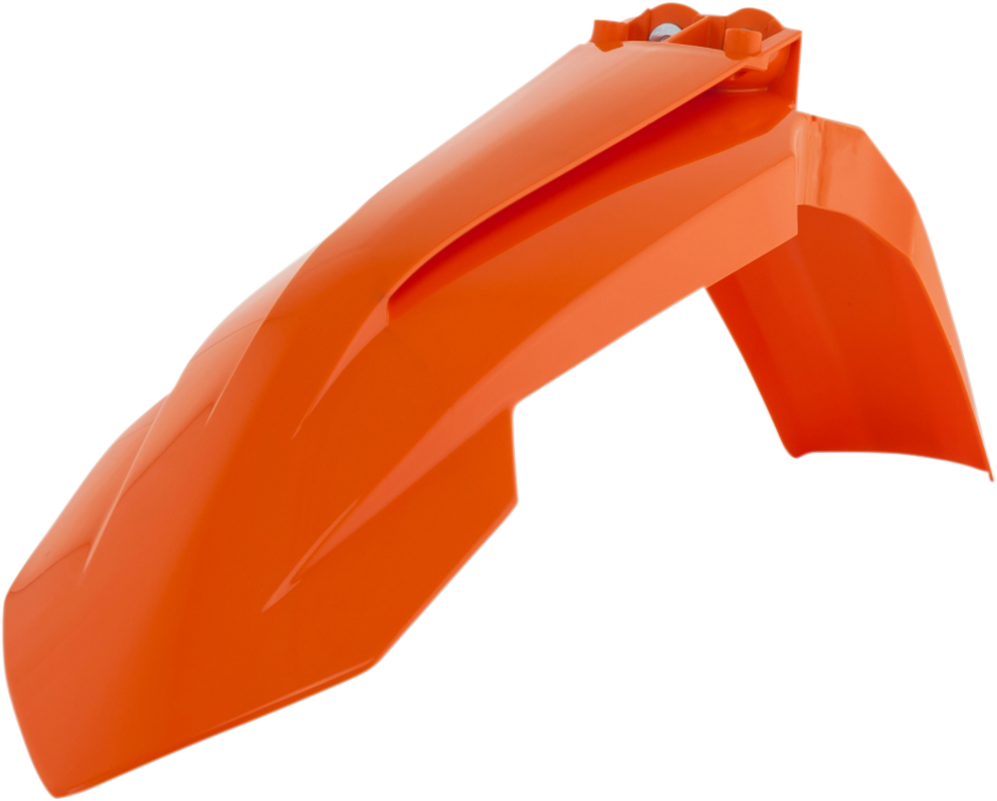 Orange Acerbis front fender for motorcycle, body part with Acerbis branding and mounting points, designed for off-road or motocross bikes.
