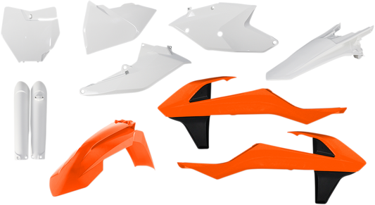 Acerbis full replacement body kit in OEM orange, white, and black for motorcycle, featuring sleek, aerodynamic body panels.