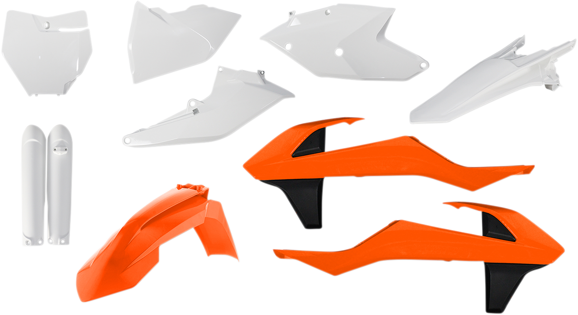 Acerbis full replacement body kit in OEM orange, white, and black for motorcycle, featuring sleek, aerodynamic body panels.