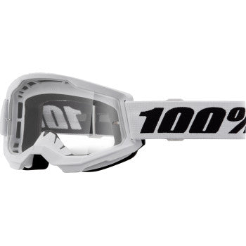 Bill's Exhausts 100% Strata 2 Junior Goggle in white with clear lenses, designed for kids' riding protection.