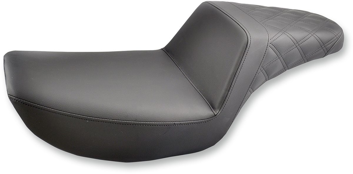 Black SADDLEMEN Step-Up Seat with rear lattice stitch for FXR motorcycles, designed for comfort and style.