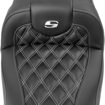 Bill's Exhausts SADDLEMEN RoadSofaâ„¢ seat without backrest, carbon fiber with lattice and silver stitching, for FL/FX 2023-2024