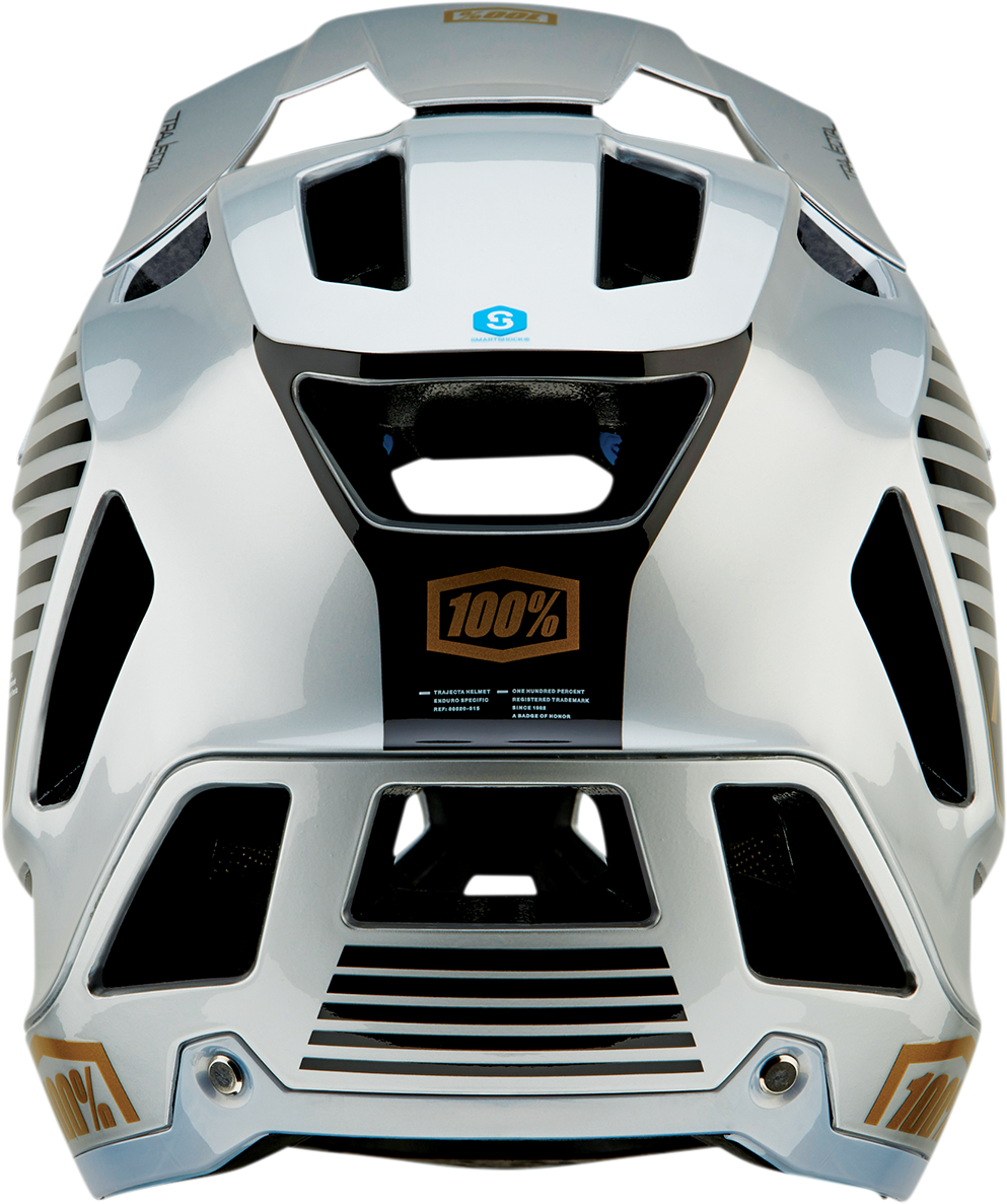 Bill's Exhausts 100% Trajecta bicycle helmet in silver with Fidlock buckle, medium size, for cycling safety and protection.