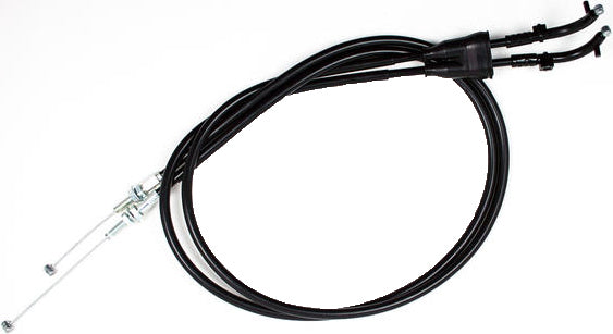 Motion Pro black vinyl throttle cable set for motorcycles, showing the cables with protective black coverings and metal fittings.
