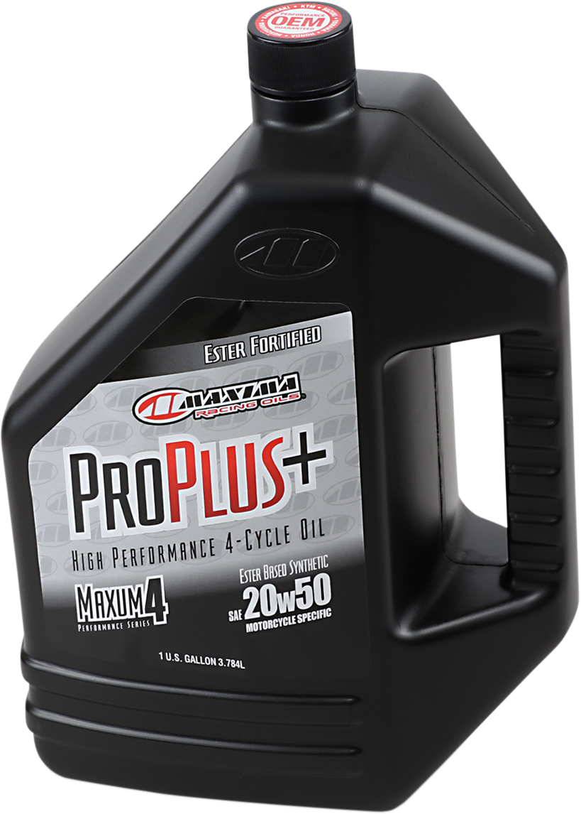 MAXIMA RACING OIL Pro Plus+ 4T 20W-50 synthetic motorcycle engine oil in a 1-gallon container with label showing product details.