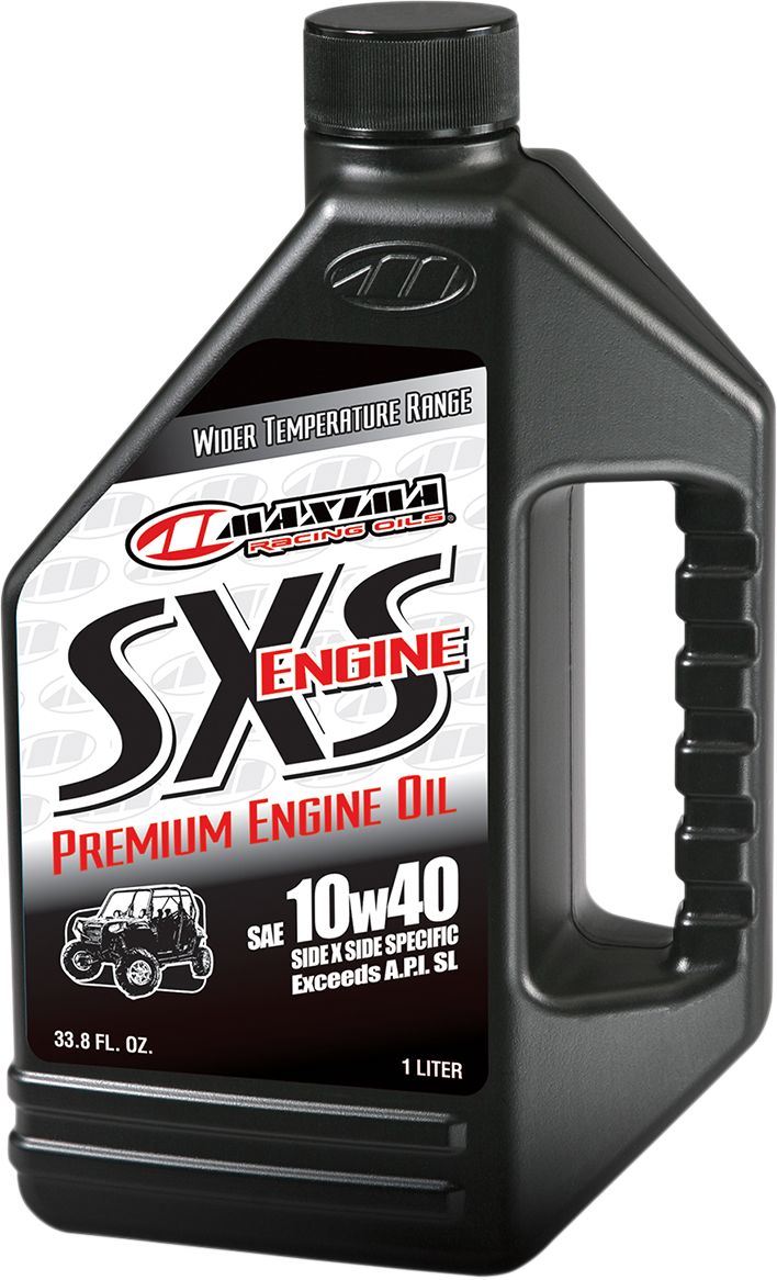 MAXIMA Racing Oil SXS UTV 4T 10W-40 engine oil in 1L bottle with label showing product details and brand logo.