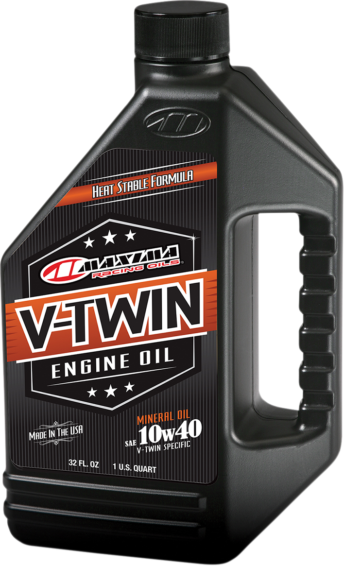 Maxima Racing Oil V-Twin 10W-40 motor oil quart bottle with label showing product details and brand logo.