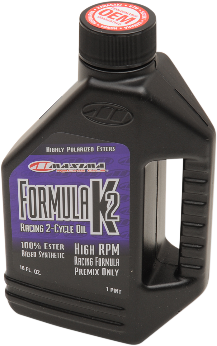 Maxima Racing Oil Formula K2 2-Stroke Premix Oil bottle, 16 oz, for high-performance engines, synthetic 2-stroke engine oil.