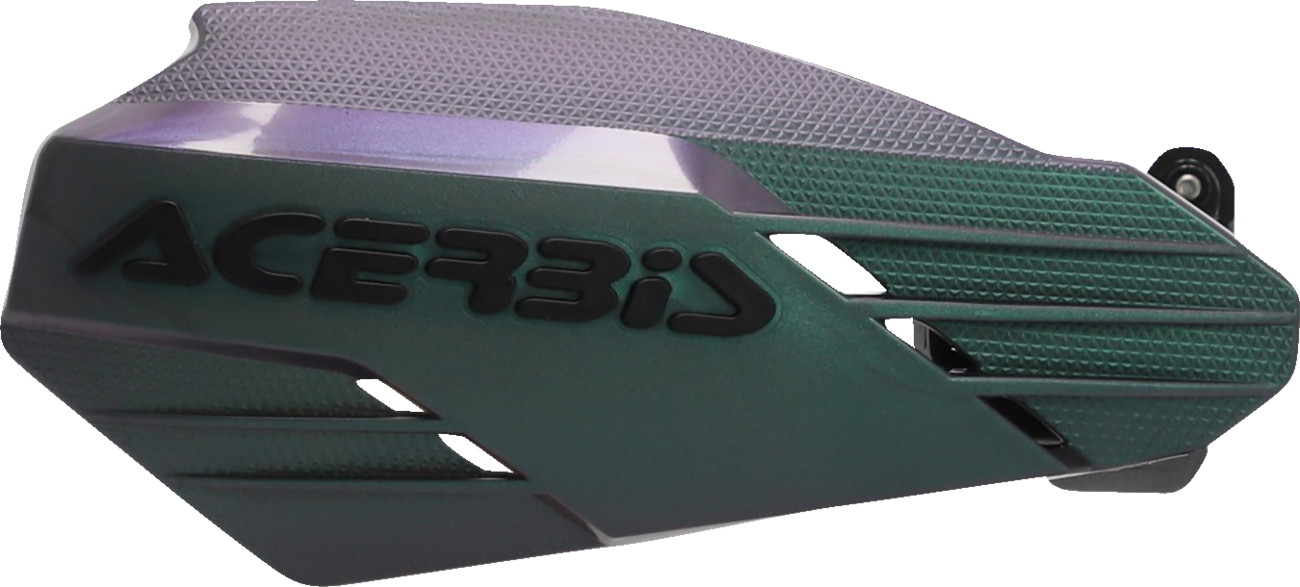 ACERBIS Linear Chameleon motorcycle handguards, black and green, attached to handlebars with mounting brackets in a close-up view.