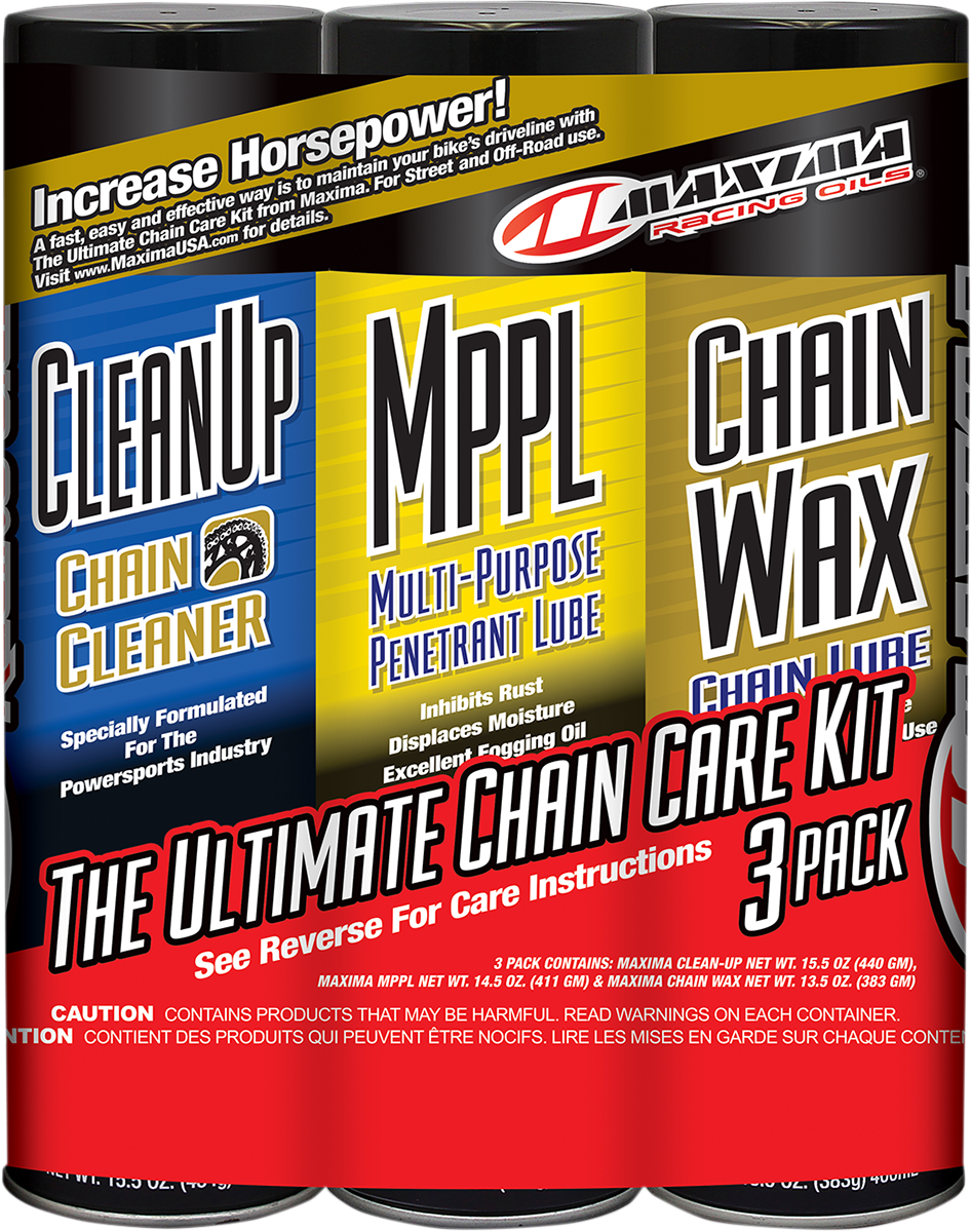 MAXIMA RACING OIL Chain Wax and Maintenance Kit with aerosol cleaner, MPPL, and chain wax for motorcycle chain lubrication.
