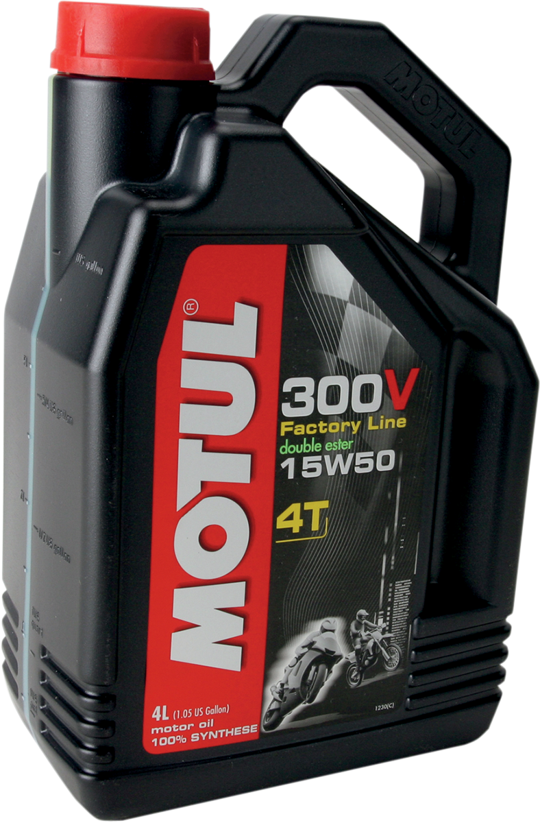 MOTUL 300V Synthetic Ester Oil 15W-50 4L container for high-performance 4-stroke engines, showing the motor oil bottle and label.