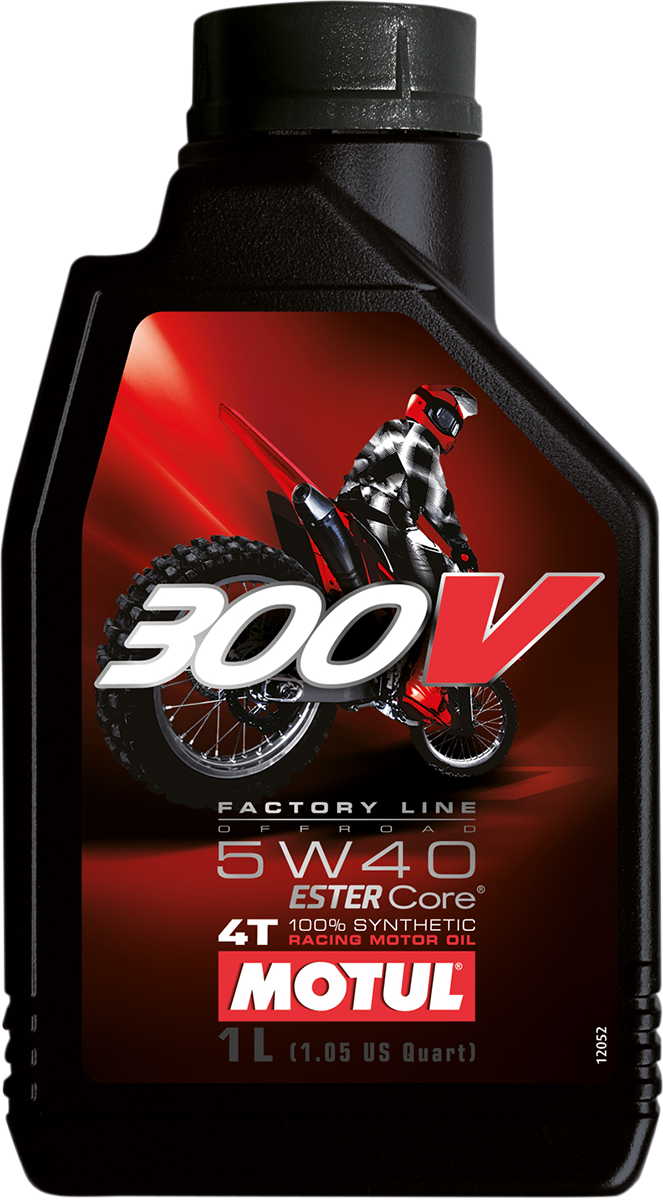 MOTUL 300V Offroad synthetic 5W-40 motor oil container, 1-liter size, with product label visible.