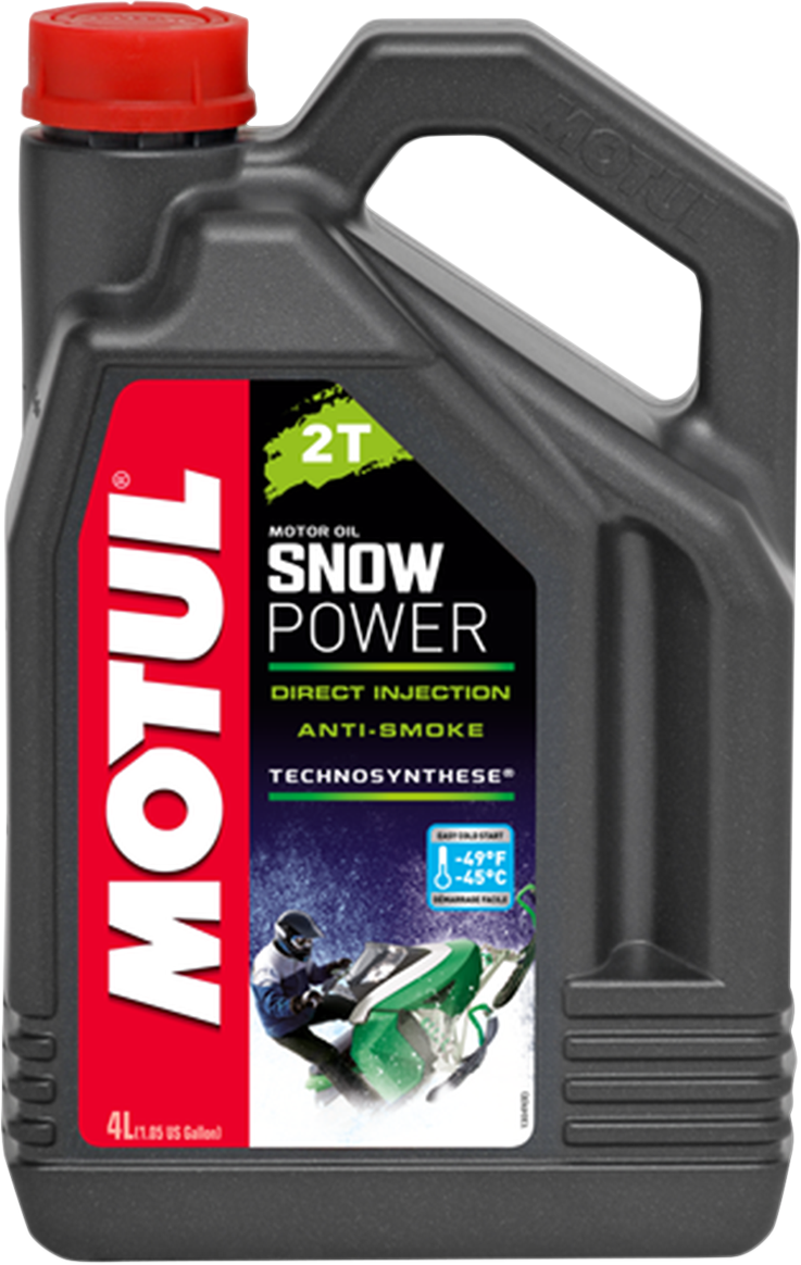 MOTUL Snowpower 2T Ester Oil 4L bottle, high-performance two-stroke engine oil for snowmobiles and outdoor equipment