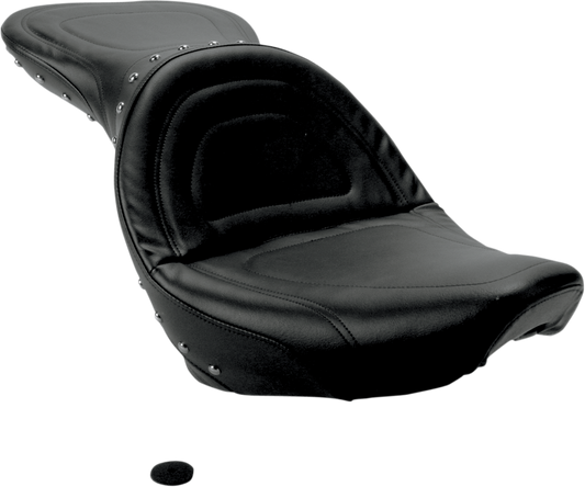 SADDLEMEN Explorer Special Studded Seat for Softail motorcycles, featuring black leather with studded design, by Bill's Exhausts.