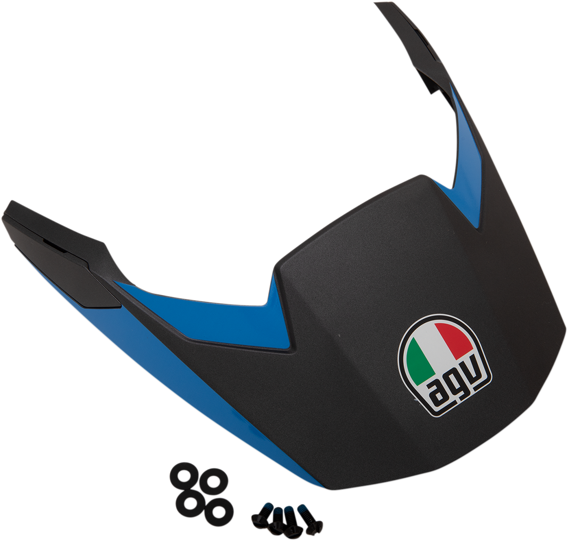 AGV AX9 matte black and cyan replacement peak, motorcycle helmet accessory, part number 21KIT76337006 N, in close-up view.