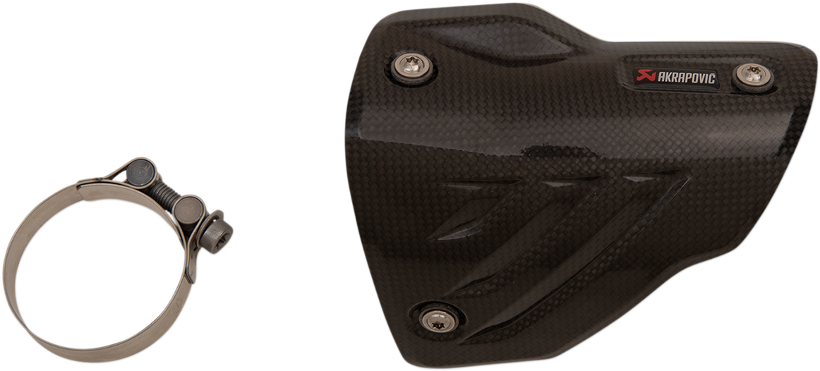 AKRAPOVIC carbon fiber heat shield for motorcycle exhaust, featuring a sleek black design and protective branding details.