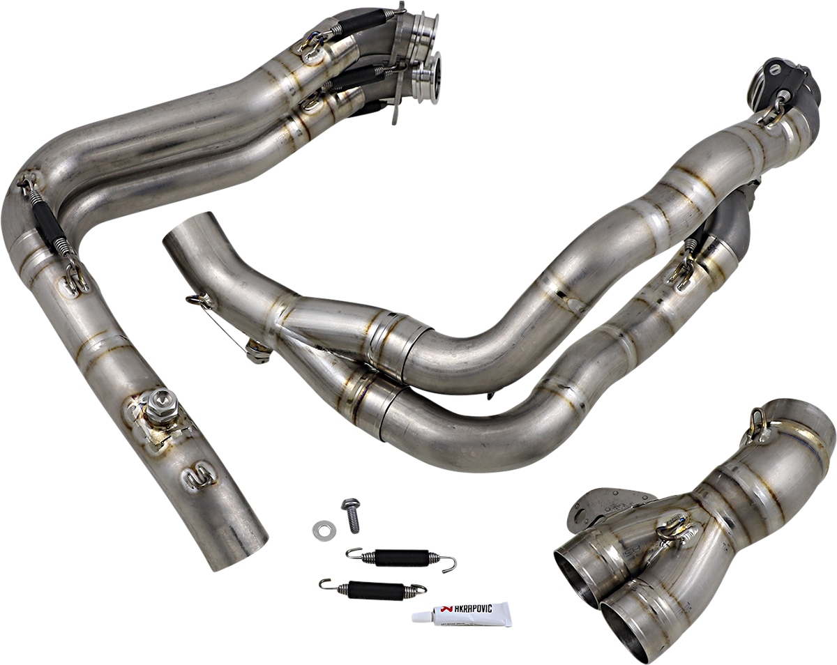AKRAPOVIC titanium header exhaust part E-H10E2 for track use, showcasing lightweight, high-performance motorcycle exhaust components.