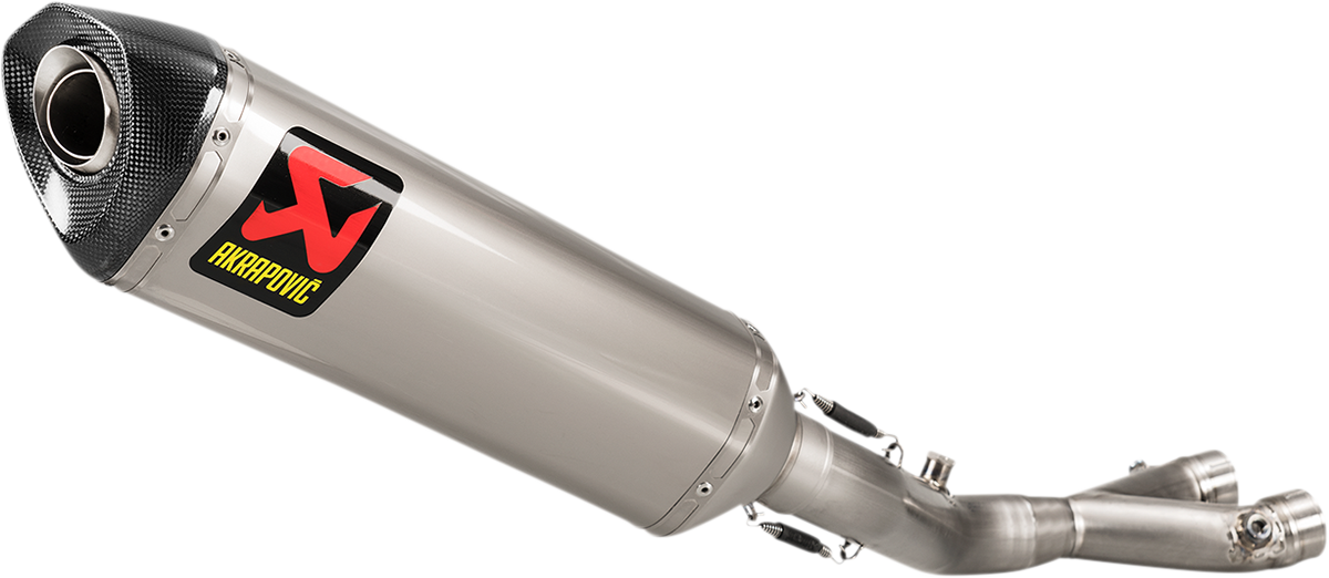 AKRAPOVIC Track Day Muffler S-Y10SO19-RT/TD for race performance, showing the sleek exhaust system with branding and polished finish.