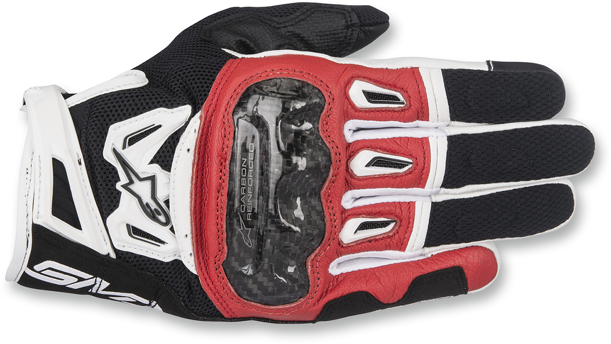 Alpinestars SMX-2 Air Carbon V2 motorcycle gloves in black, red, and white with protective carbon details, size XL.