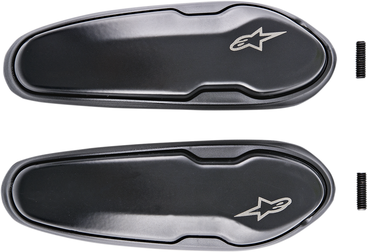 Alpinestars toe sliders for Alpha, Gran Torino, SMX series motorcycle boots, model 25SL15, showing black rubber components and branding.