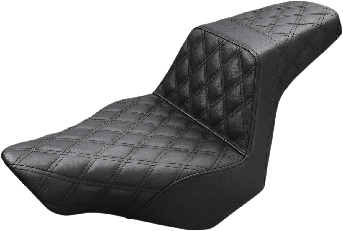 Black Saddlemens Step-Up Seat with full lattice stitch for FXSB motorcycles, designed by Bill's Exhausts.