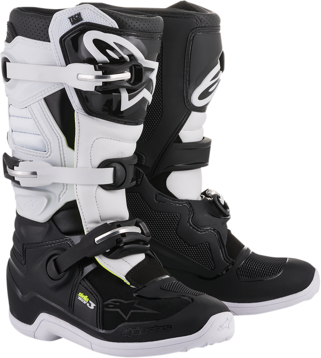 Alpinestars Stella Tech 3 women's motorcycle boots in black and white, US size 7, with protective ankle and sole details.