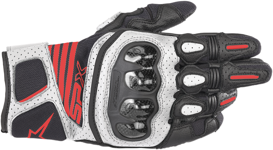 Alpinestars SPX AC V2 motorcycle gloves in black, white, and fluorescent red, medium size, with protective knuckles and breathable material.