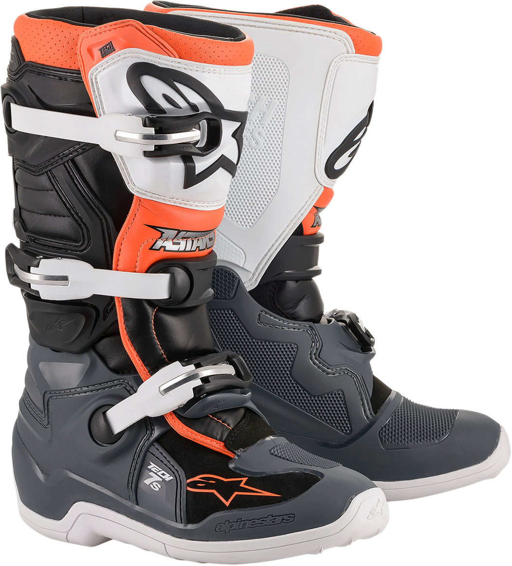 Alpinestars Youth Tech 7S motorcycle boots in black, gray, white, and fluorescent orange, US size 4, EU size 37, with protective design.