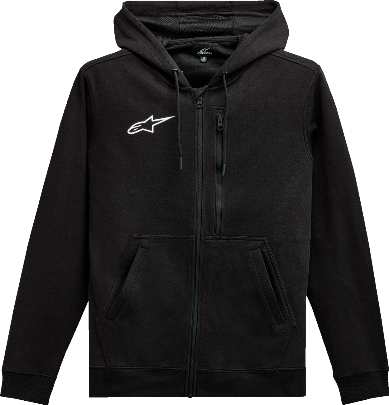 Black Alpinestars asymmetrical zip-up hoodie, large size, featuring a stylish design and a front zipper, ideal for casual wear.