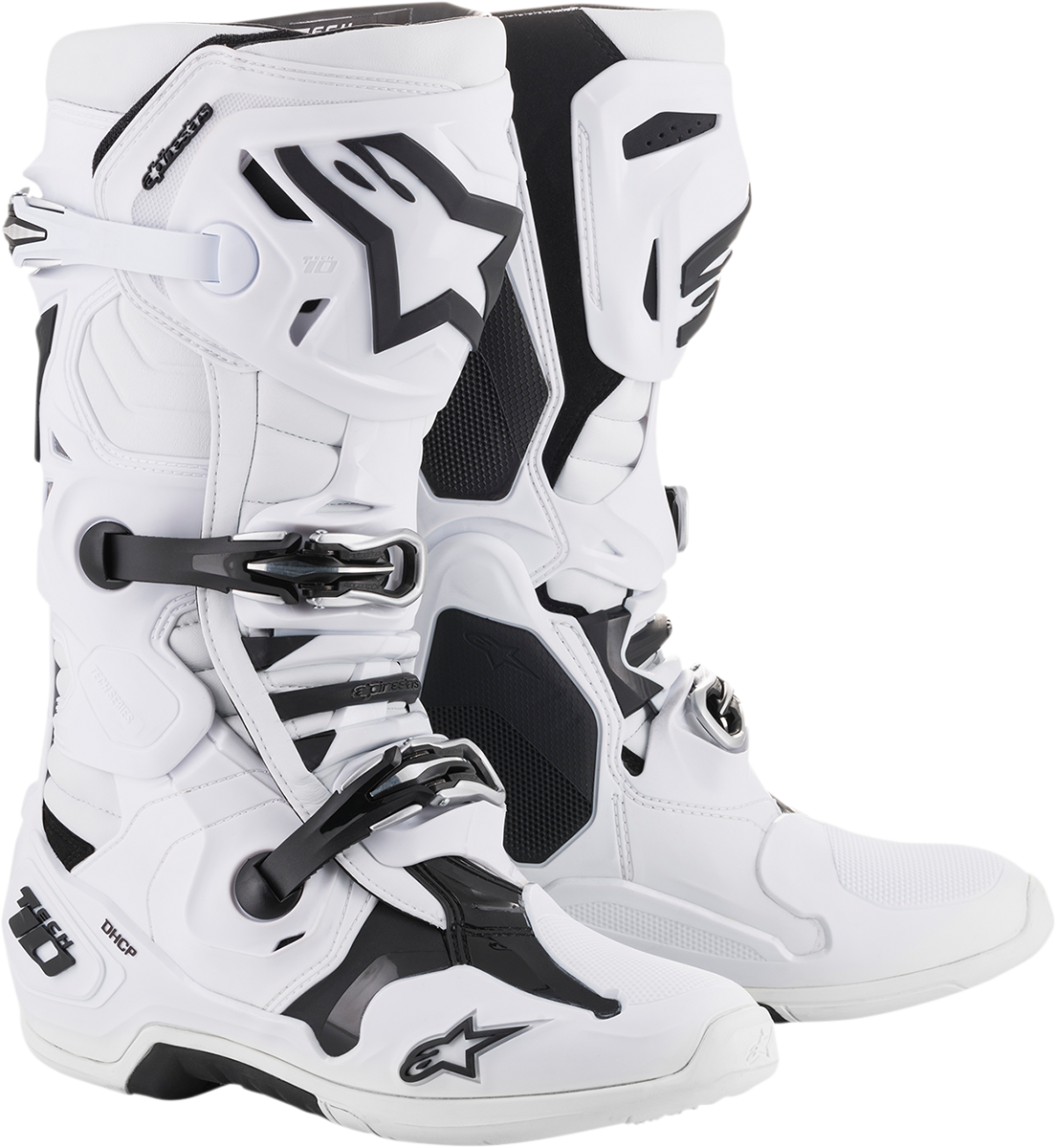 Alpinestars Tech 10 motocross boots in white, US size 8, showcasing durable construction and protective features for off-road riding.