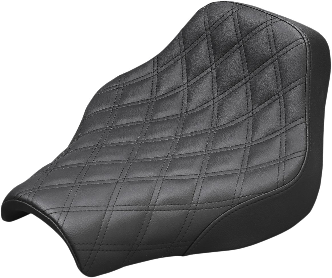 Black SADDLEMEN Renegade Solo Seat with lattice stitching, designed for motorcycles, featuring a sleek, padded seat from Bill's Exhausts.