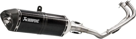 AKRAPOVIC Race Exhaust S-Y5R5-RC for motorcycles with stainless steel and carbon fiber design, showing the sleek exhaust system.