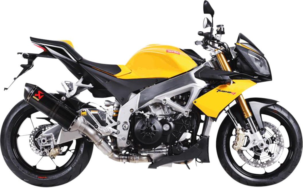 AKRAPOVIC carbon fiber slip-on muffler for Aprilia motorcycles, showcasing sleek design and high-performance exhaust component.