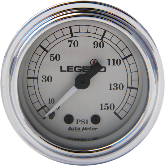 Legend Suspension fairing-mounted LED backlit PSI gauges in silver, showing detailed dials and wiring for motorcycle dashboard.