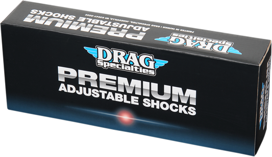 Drag Specialties C16-0153A adjustable 12-inch shocks for Harley-Davidson touring motorcycles, showcasing the premium ride-height feature.