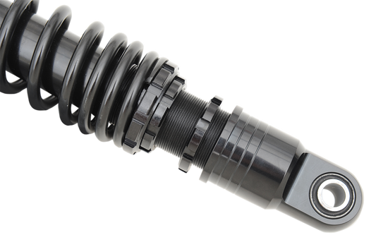 Black 12-inch DRAG SPECIALTIES SHOCKS premium ride-height adjustable shocks for motorcycles.
