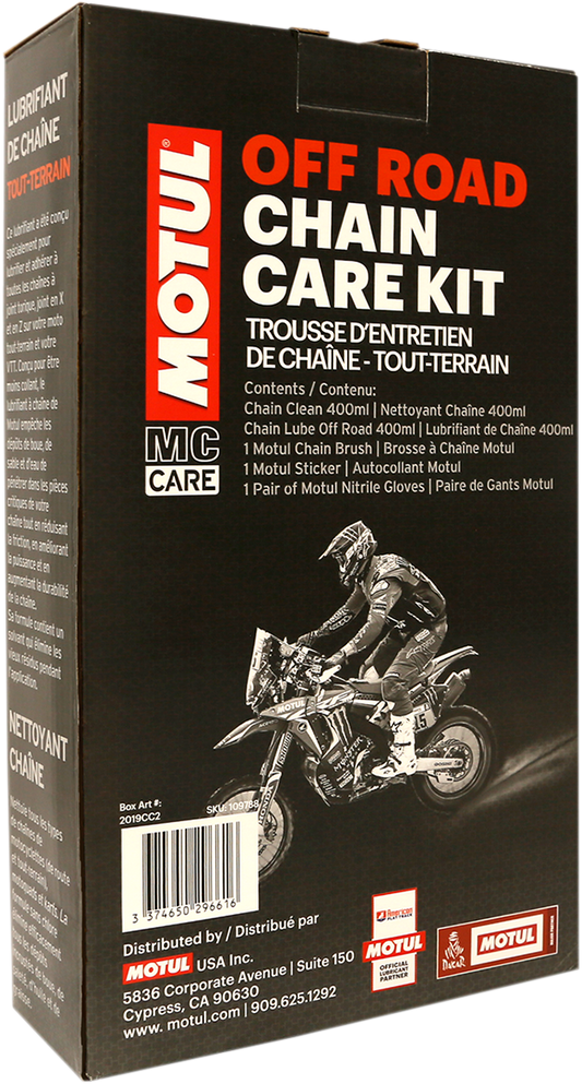 MOTUL Chain Care Kit for off-road and road bikes with cleaning and lubrication tools, featuring MOTUL branding and product components.