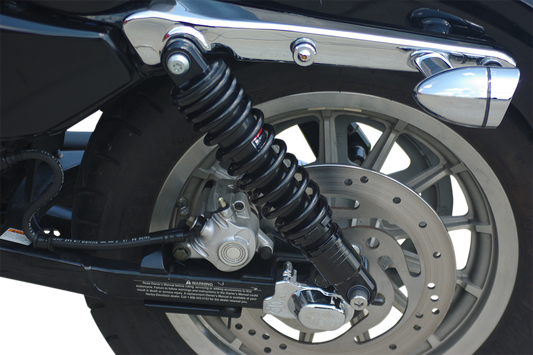 Black Drag Specialties C16-0154AB premium ride-height adjustable shocks, 13-inch motorcycle shocks with mounting hardware.