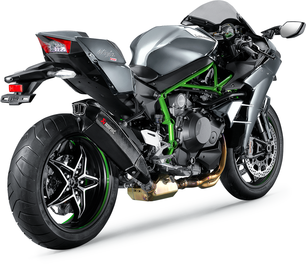 AKRAPOVIC carbon fiber muffler for Kawasaki Ninja H2 motorcycle, showcasing sleek, lightweight exhaust with branding details.