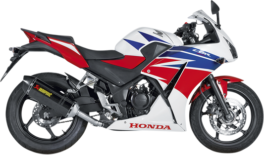AKRAPOVIC Slip-On Line muffler with carbon fiber finish, designed for enhanced motorcycle performance. Part S-H3SO3-RC.