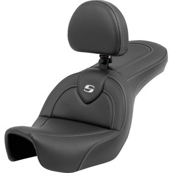 Bill's Exhausts SADDLEMEN Roadsofa™ Carbon Fiber motorcycle seat with backrest for FXD 2006-2017, featuring sleek carbon fiber design.