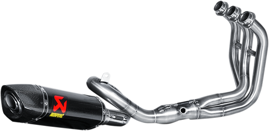 AKRAPOVIC stainless steel and carbon fiber race exhaust for motorcycles, featuring sleek design and high-performance craftsmanship.