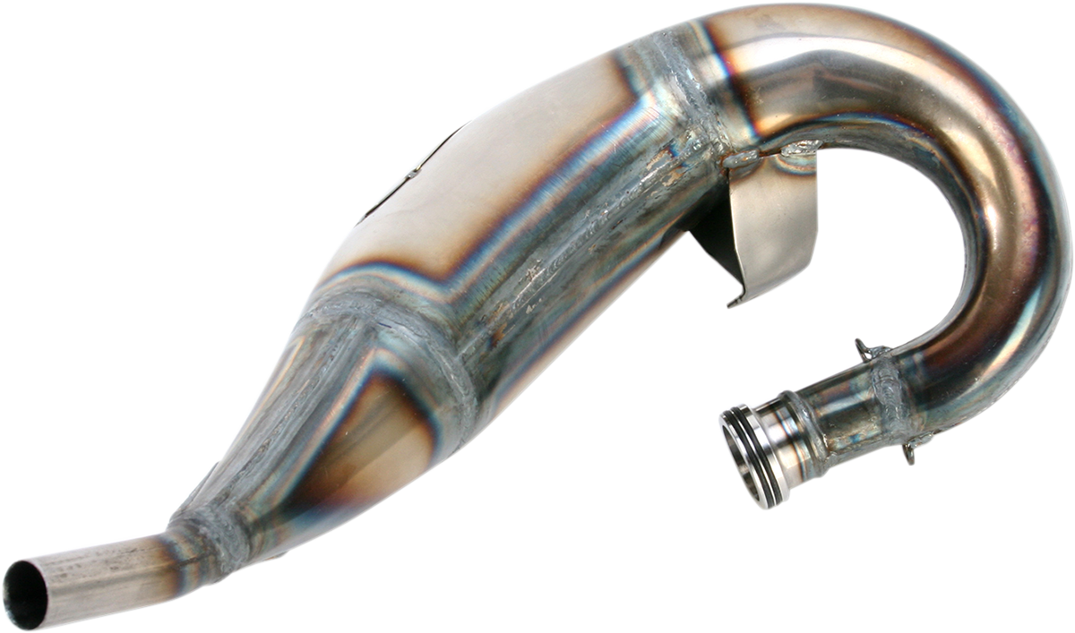 FMF Factory Fatty Pipe 025121 performance exhaust showing its sleek metal design and connection points for enhanced motorcycle power.