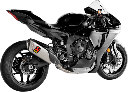 AKRAPOVIC stainless steel race exhaust for Yamaha Y10 R15 motorcycle, featuring sleek design and high-performance construction.